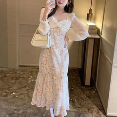 Hnewly Vintage Floral Trumpet Dress Women French Sweet Long Sleeve Fairy Midi Dress Female Autumn Evening Elegant Princess Dresses