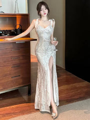 Hnewly Temperament Dresses Women Sexy Sequins Elegant V Neck Bandage Sleeveless Mesh Patchwork Party Dress Female Fashion