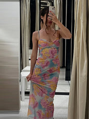 Hnewly Sexy Printed Women's Dress Pleated Waist-Closed Sleeveless Hip Package Skinny Slip Dresses Summer Chic Female Party Robe