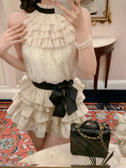 Hnewly Chiffon 2 Piece Skirts Sets Outwear Casual Y2k Crop Tops Sleeveless + Mini Skirts Korean Fashion Suits 2000s Vintage Clothing