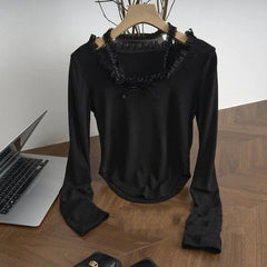 Hnewly Lace T Shirt for Women Spring Slim Crop Top Korean Halter Long Sleeve Tees Y2k Solid Ladies Tshirts Femme Bow Sweet Clothing New