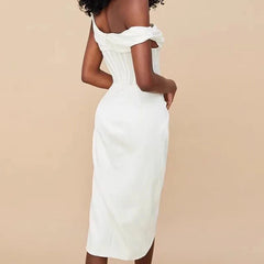 Hnewly Fashion Women Dress Sleeveless Irregular Sloping Shoulders Solid Color Female Party Dresses New Tide