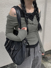 Hnewly Contrast Patchwork Top for Women Y2K Harajuku Off Shoulder Long Sleeve T Shirts Autumn Knitted Pullover Tees Korean