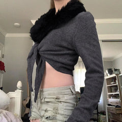 Hnewly Fur Collar Lace-up Crop Top for Women Y2K Vintage Streetwear Casual Velvet Cardigan Long Sleeve T Shirt Harajuku Korean