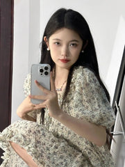 Hnewly Mini Dresses Women Floral Printed Short Sleeve V Neck Puff Short Sleeve Bandage Ruffles Sweet Dress Female Elegant Casual