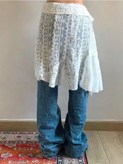 Hnewly Korean Fashion Lace All-match Skirt for Women Y2k High Waist White A-line Skirts 2025 Summer New Hollow Out Faldas Mujer