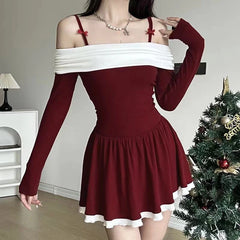 Hnewly Christmas Dress Women y2k Clothes Contrast Color Cold Shoulder Long Sleeve A Line Mini Dress Evening Party Dresses