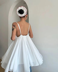 Hnewly Women White A-line Sling Dress Chic Elegant Sleeveless Off Shoulder V-neck Pleated Mini Dresses Lady Vacation Street Gown