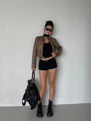 Hnewly Stand Collar Jacket Leather Short Coat Women Autumn New Straight Tube Slim Short Motorcycle Jacket Korean Sweet