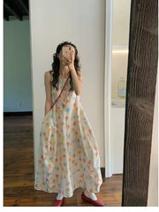 Hnewly Gradient Floral Print Sleeveless Vest Dress Women's Summer Casual Cotton Long Dress Commute Style A-Line Silhouette