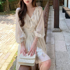 Hnewly Print Floral Women Dresses Lantern Sleeve V Neck Ruffles Vestidos Mujer Korean Fashion Sweet Elegant Mini Dress