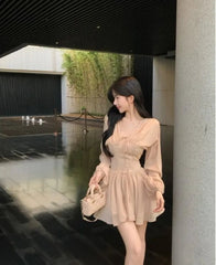 Hnewly Woman Dress Elegant Long Sleeve V Neck Bandage Slim Spring Summer Fashion Sweet Mini Dresses Female Casual Chic