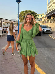 Hnewly Irregular Mesh Split Long Sleeve Dress Sexy Green Lace Up Pleated Hem High Waist Vestido Summer Lady Vacation Beach Gowns