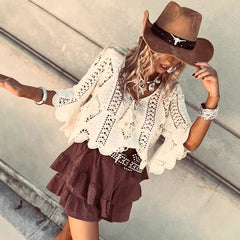 Hnewly Sexy Flared Sleeves Solid Color Beach T-shirt Spring Summer Loose Knitted Top Tees Fashion Women's V-neck Lace Up Hollow Blouses