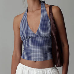 Hnewly y2k Tank Top Women's Summer Clothing Plaid Print Sleeveless Open Back Halter Neck Vest 2000s T Shirt Party Clothes