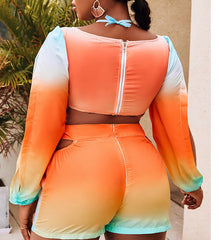 Hnewly Summer Women's Stylish Casual Set Tie-Dye Pattern with Long Sleeve Halter Top and and Shorts Cutout Detail Suitable for Vacation