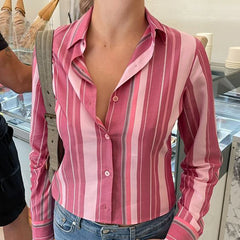 Hnewly Vintage Striped Print Blouse Pink Button Up Full Sleeve Crop Top for Women y2k Sweet Tees Autumn Fashion Streetwear Shirt