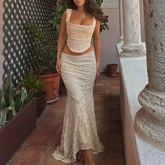 Hnewly Elegant Square-neck Bandage Backless Tank Top With Y2K Lace Texture Mesh See-through Party Long Skirt Club Gentle Set