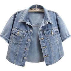 Hnewly Summer Short Sleeved Denim Jacket For Women 2025 Loose Single Breasted Turn Down Collar Loose Coat Korean Fashion Crop Top