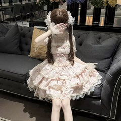 Hnewly Silver Moon Kawaii Lolita Ballet Style JSK Mini Dress Women Daily Sweet Pink Bow Lace Sling Princess Doll Dresses Y2k Vestidos