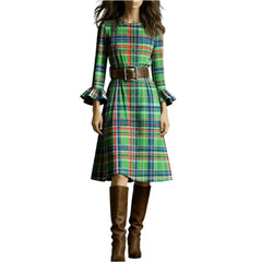 Hnewly Ladies' Bohemian Style Temperament Pleated Skirt Fashionable Round Neck Plaid Print edRetro Long Sleeved Casual A-line Dress
