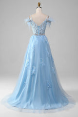 Lunivop High Quality Customized V-neck Backless Feathers Floor Length Blue Appliques Lace Belt Thin Suspenders Sleeveless Party Dresses