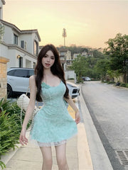 Hnewly Mini Dresses Women Flowers Lace Patchwork Slim Slash Neck Backless Party Dress Female Sexy Elegant Holiday Casual