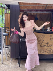 Hnewly French Elegant Satin Midi Dress Female Casual Vintage Lace Sleeveless Ruffles Dress One Piece Dress Korean Fashion Evening Party