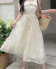 Hnewly Women Dresses Square Collar Bow Bandage Ribbon Puff Short Sleeve Bow Princess Sweet Elegant Female Dress Casual