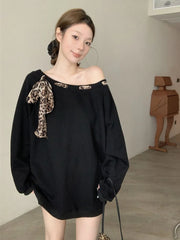 Hnewly Off Shoulder Y2K Sweatshirts Women Leopard Lace Up Loose Pullovers Streetwear American Long Sleeve Casual Female Retro Tops