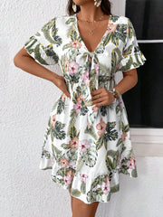 Lunivop Tropical Floral Print Front Knotted Short Sleeve Casual Dress Vacation Outfit