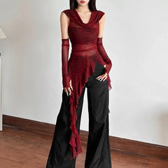 Hnewly Streetwear 90s Grunge Mesh See Through Hooded Tops Cyber Y2K Irregular Hem Ruffles Hoodie Women Slim Blouse with Cuffs