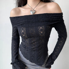 Hnewly y2k Lace Top Women Coquette Clothing See Through Off Shoulder Long Sleeve T Shirt 2000s Fairycore Clothes Streetwear