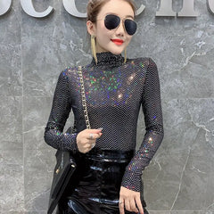 Hnewly Shinny Sequin T Shirt Women Sexy Basic Turtleneck T Shirt for Women Long Sleeved Slim Tight T-Shirt Femme Tee Shirt
