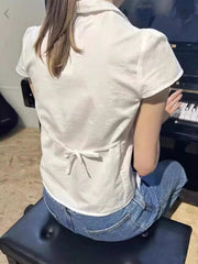 Hnewly Back Lace-up White Blouse T-Shirt Woman Summer Peter pan Collar Short Sleeve Slim Tee Shirt Casual Cute Cotton Sweet Crop Tops