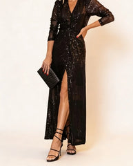 Hnewly Women's Elegant Long - Sleeve Sequin V - Neck Slit Maxi Dress Twist High Slit Evening Dress Cinched Waist Party Dress