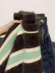 Hnewly Soft Striped Mid Length Sweater Women's New Autumn Winter Loose Knit Top Elegant Round Neck Long Sleeved Versatile Pullover