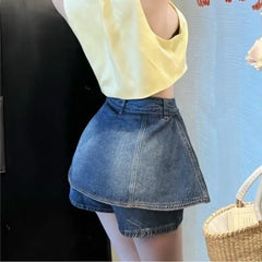 Hnewly Fake Two Pieces High Waisted Denim Shorts Skirt Women's Summer Korean Slimming Pleated Short Dresses Spicy Girl A-line Hot Pants