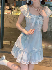 Hnewly Kawaii Japanese dress lolita y2k Sweet Blue Floral Dress Women Casual Evening Party One Piece Dress Korean Fashion Summer