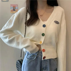 Hnewly Cardigan for Women Long Sleeve Knitted Sweaters Sweater Cropped Crochet Kawaii V Neck Cardigans Woman Black Tops Cute Trend
