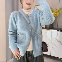 Hnewly Temperament O-Neck Short Waffle Sweater Autumn/Winter French Elegant Long Sleeve Knitted Cardigan Women's Solid Versatile Coat