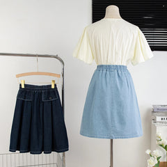 Hnewly M-5XL Oversize Denim Skirt Women's New Elastic High Waisted A-line Loose Fit Retro Knee-length Skirt with Built-in Safety Shorts