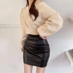 Hnewly Black Mini Pu Leather Skirt Women Korean Fashion High-Waisted Elasticity Punk Style Bodycon Goth Sexy Skirts Female
