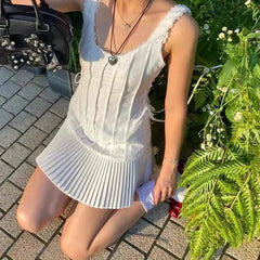 Lunivop Sweet Girl O Neck Sleeveless White Tank Mini Dress Women Side Bandage Pleated Hem Casual Holiday Summer Dresses Short Robe