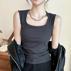 Hnewly Basic Solid Color Square Neck Tank Top Women Korean All Match Slim Fit Vest Woman Summer Sleevless Y2K Crop Tops Female