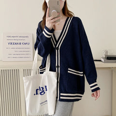 Hnewly Women Cardigan Sweater Varsity Striped Front Pocket Long Sleeve Button-up Knit Sweater Jacket College Student Girl Preppy Style