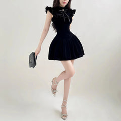 Hnewly DRESS TO IMPRESS Elegant Velvet Black Mini Dresses Sleeveless A-line Korean Fashion Birthday Party Coquette Sexy Ballroom Dress Women