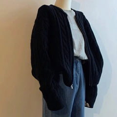 Hnewly WINTER OUTFITS New Style Solid Color Zipper Knitted Cardigan Women Autumn Winter Casual Twist Long Sleeve Sweater Jacket