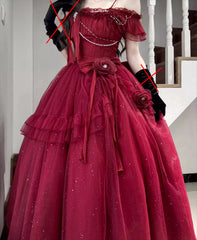 Hnewly Princess Red Evening Dresses for Women Lolita Style High Waist Slim Sweet Elegant Bow Tail Long Dress Lady Prom Dress Vestido