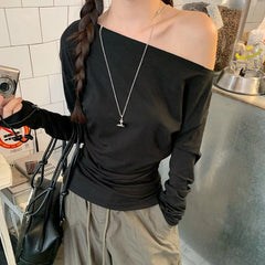 Hnewly y2k Aesthetic Tops Women Punk Gothic Clothing Slant Neck Off Shoulder Long Sleeve T Shirts 2000s Clothes Streetwear